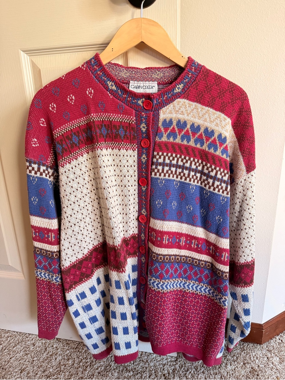 Cabin Creek Red, Blue & Cream Patchwork Knit Cardigan